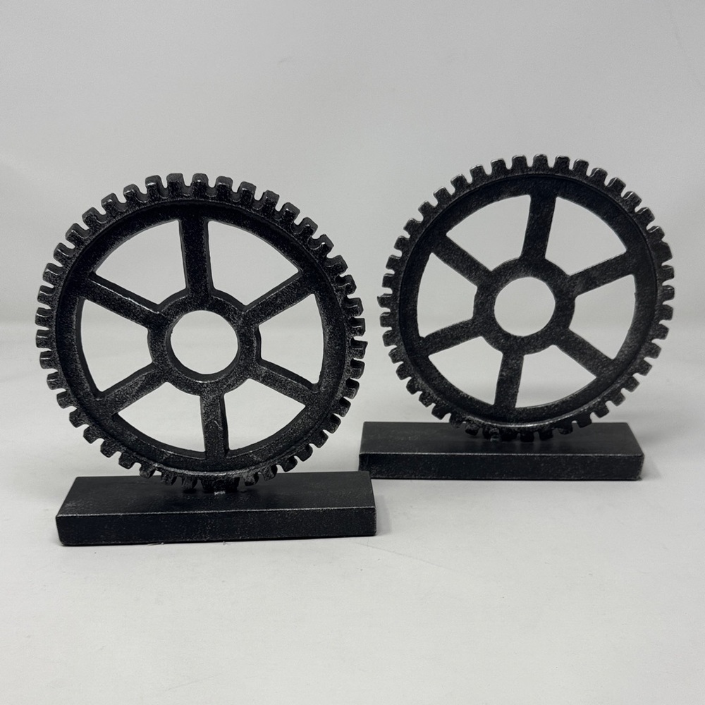 GEARS INDUSTRIAL STEAM PUNK METAL SCULPTURE RUSTIC ART DECO BOOKENDS
